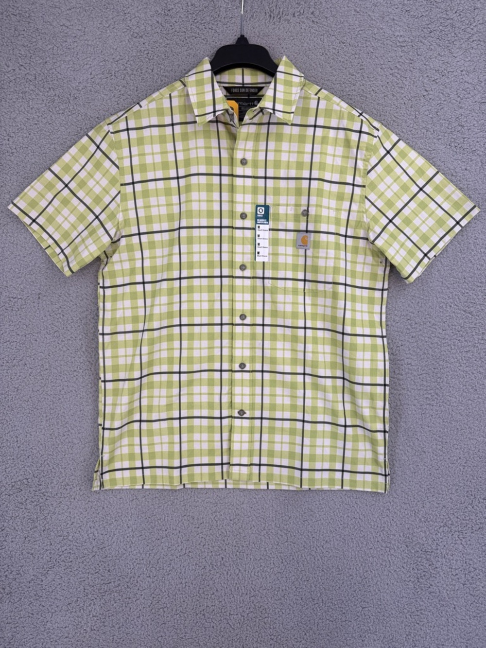 Carhartt Force Sun Defender mens medium Short Sleeve Plaid Button Up Shirt Green